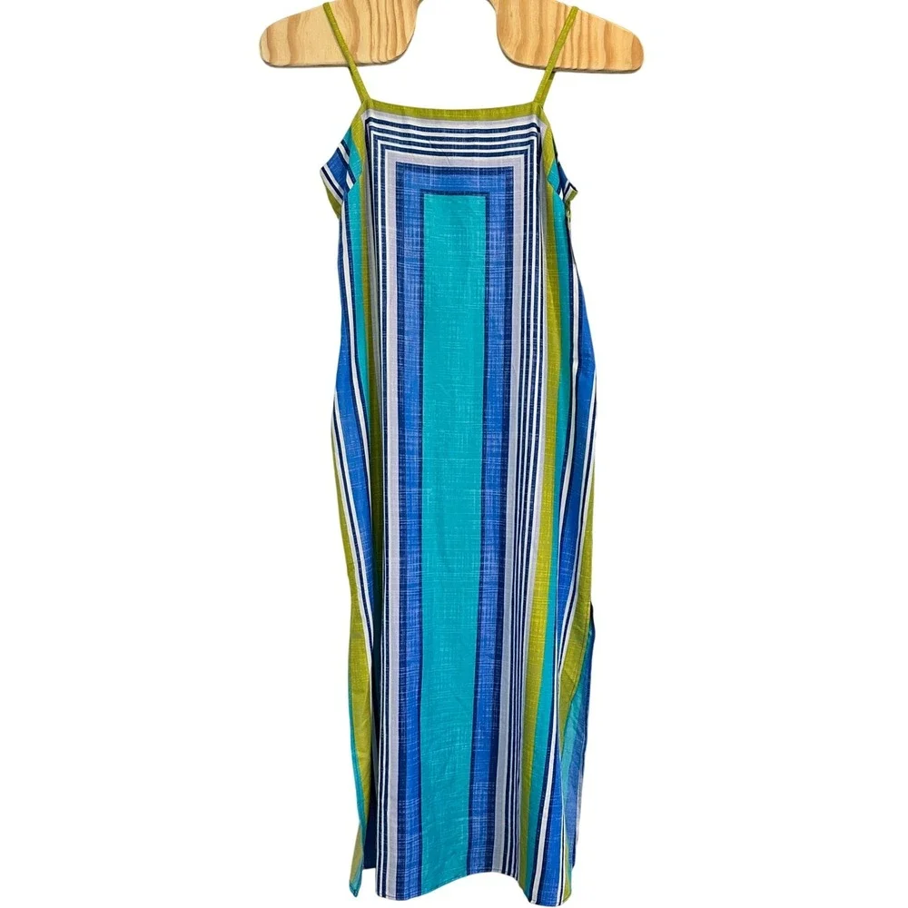 Donna Morgan Lime Blue Striped Maxi Dress Spaghetti Strap Side Slit Size 16 NEW - Picture 4 of 16